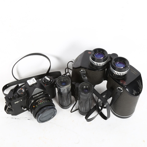 271 - A Cosina PM-1 35mm film camera, pair of Chinon Countryman 10x50 binoculars, and another pair of bino... 