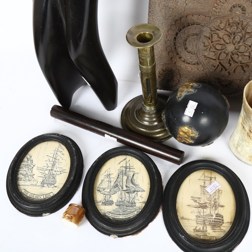 319 - Various collectables, including 19th century horn beaker, rosewood tipstaff, adjustable brass candle... 