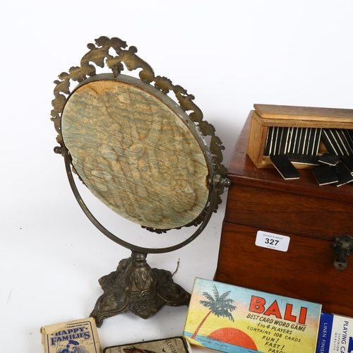 327 - A mahogany box containing playing cards, dressing table mirror, 18th century pewter tankard etc