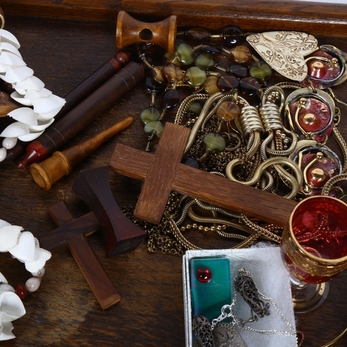 337 - Various collectables, including oak tea tray, cowrie shell necklace, jewellery set etc