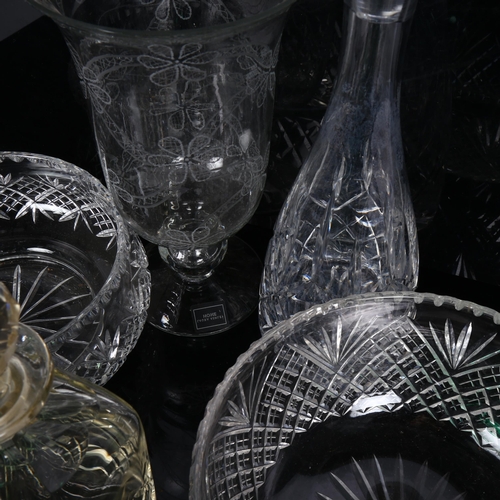 344 - Various glass, including hurricane lantern, decanters etc