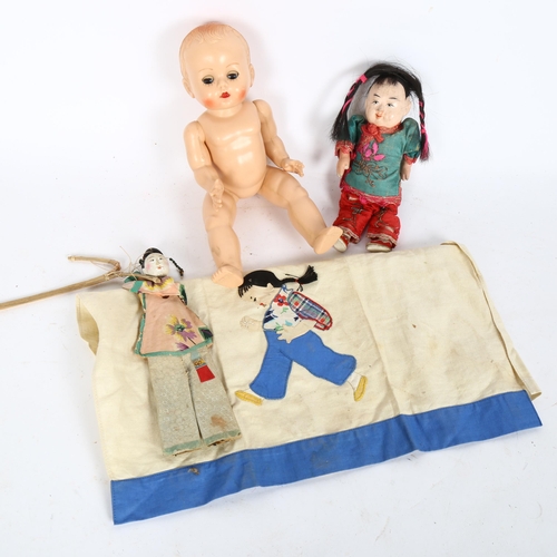 346 - A mid-20th century Chinese doll and puppet, and an English 1950s celluloid doll (3)