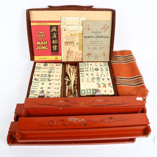 367 - A Chad Valley Mahjong bone and bamboo set, cased with stands