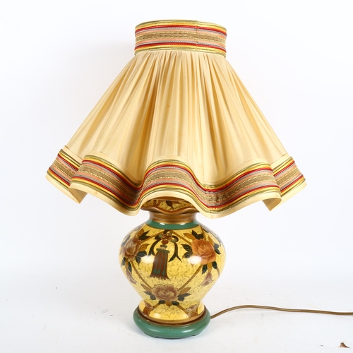 370 - IDA BELLINI - A hand painted ceramic vase lamp and shade, overall height 60cm