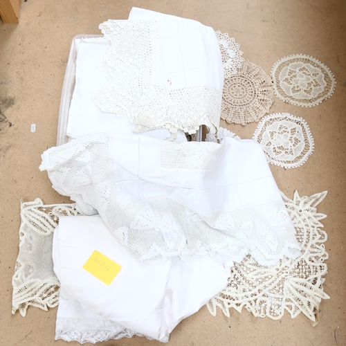 390 - Various table linen, and 1 long bobbin lace curtain with fringes