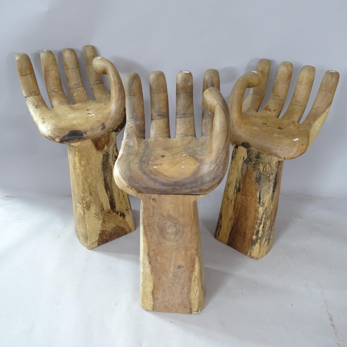 2390 - 3 matching teak bar stools, in the form of hands, 40cm x 90cm x 47cm