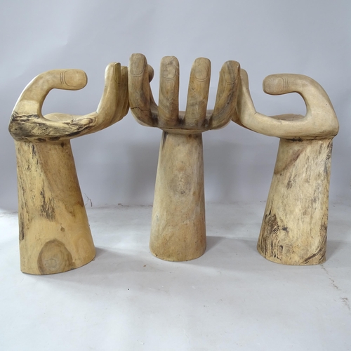 2390 - 3 matching teak bar stools, in the form of hands, 40cm x 90cm x 47cm