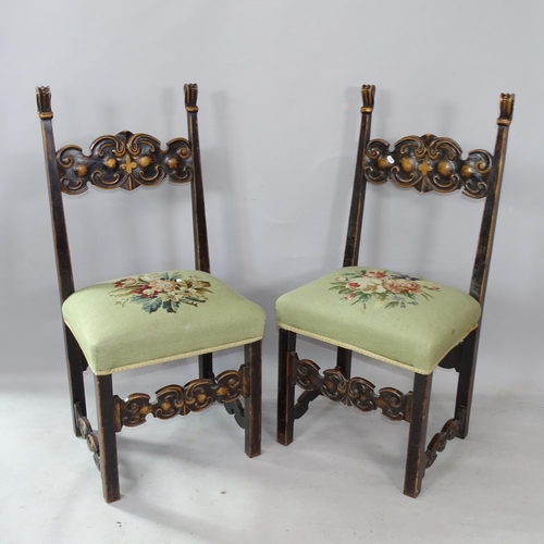 2281 - A pair of Antique mahogany Continental style tapestry-upholstered dining chairs, with carved decorat... 