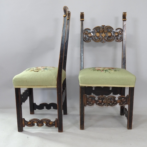 2281 - A pair of Antique mahogany Continental style tapestry-upholstered dining chairs, with carved decorat... 