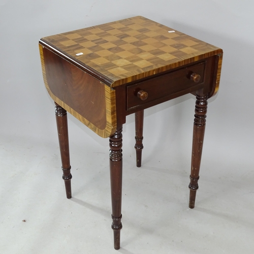 2290 - A reproduction mahogany games-top drop leaf occasional table, with single frieze drawer, on turned l... 