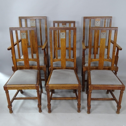 2291 - A set of 6 Arts and Crafts oak dining chairs, with pewter inlay, in the manner of Heals