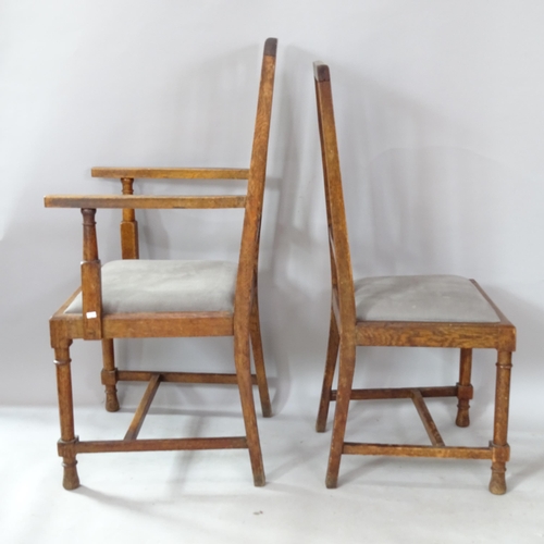 2291 - A set of 6 Arts and Crafts oak dining chairs, with pewter inlay, in the manner of Heals