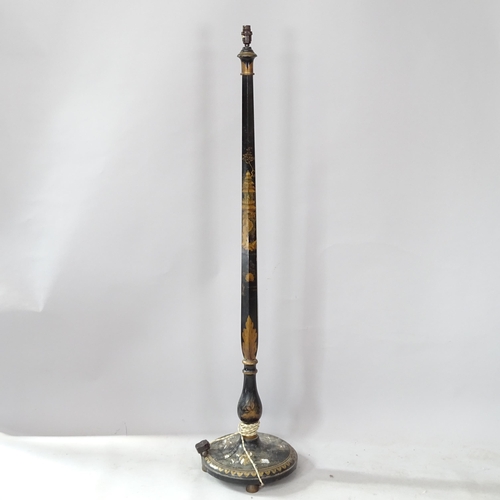 2297 - A black painted Chinese standard lamp, with chinoiserie decoration, height to bayonet 163cm