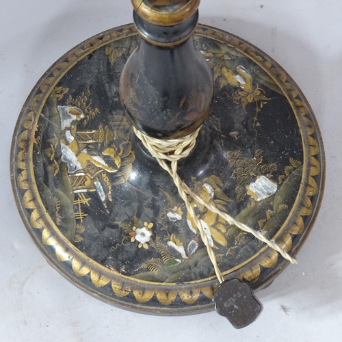 2297 - A black painted Chinese standard lamp, with chinoiserie decoration, height to bayonet 163cm