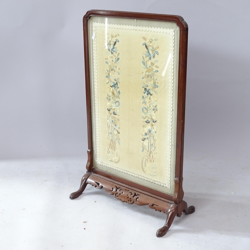 2298 - An Antique mahogany-framed fire screen, with silk embroidered decoration, W49cm, H80cm