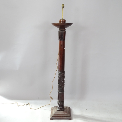 2300 - A carved mahogany torchere converted to a standard lamp, height to bayonet fitting 154cm