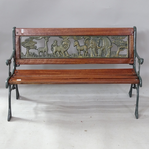 2303 - A child's wrought-iron garden bench, with carved and pierced animal decoration, 83cm x 50cm x 38cm