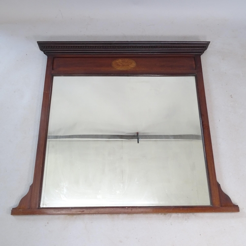 2326 - An Edwardian mahogany over mantel mirror, with shell marquetry panel, W130cm, H115cm