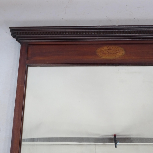 2326 - An Edwardian mahogany over mantel mirror, with shell marquetry panel, W130cm, H115cm