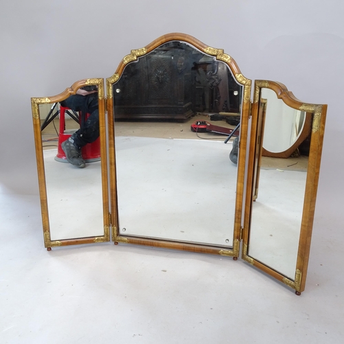 2330 - An early 20th century walnut 3-fold dressing table mirror, 96cm x 76cm