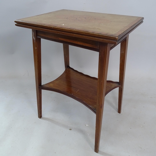 2337 - An Edwardian mahogany 2-tier fold over card table, with inlaid floral decoration, W51cm, H68cm, D38c... 