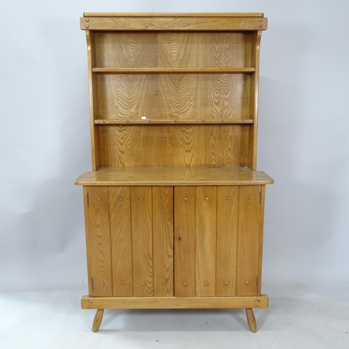 2340 - A mid-century brutalist oak dresser by F Co, the plate rack over 2 door cupboard with interior drawe... 