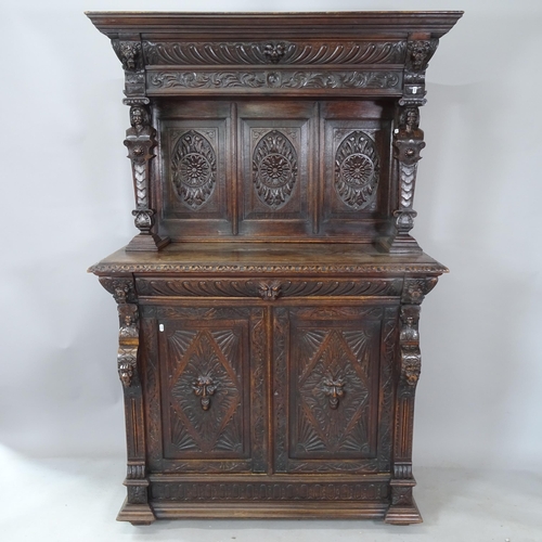 2341 - A Victorian carved oak 2-section buffet, the bottom section having single-frieze drawer and cupboard... 