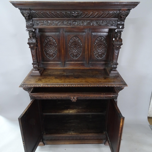 2341 - A Victorian carved oak 2-section buffet, the bottom section having single-frieze drawer and cupboard... 