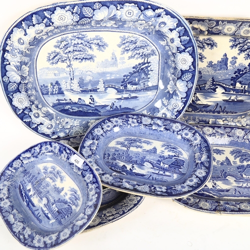 426 - A group of blue and white transfer meat plates, largest width 53cm