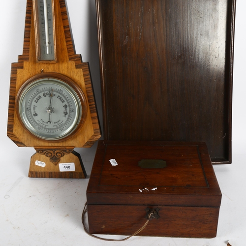 448 - A rosewood 2-handled tea tray, mahogany sewing box and a barometer (3)