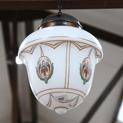 500 - An early 20th century pendant light fitting, with painted glass shade and copper mounts, shade lengt... 