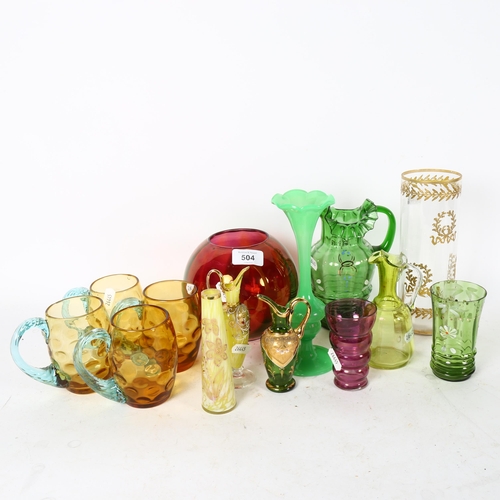 504 - A group of coloured glassware, including a set of 4 amber mugs, enamel decorated jugs, French amethy... 