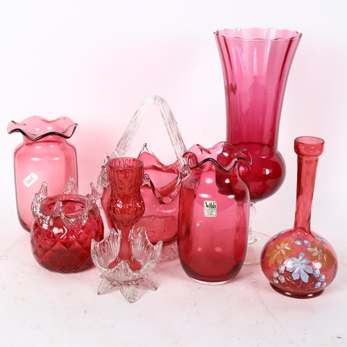 505 - A group of Vintage and later cranberry glassware, including a Webb's vase with frilled edge, basket ... 