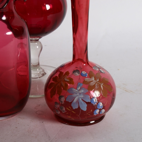 505 - A group of Vintage and later cranberry glassware, including a Webb's vase with frilled edge, basket ... 