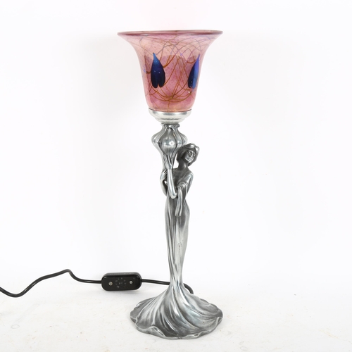 523 - An Art Nouveau design table lamp and shade, with figural column, height 44cm