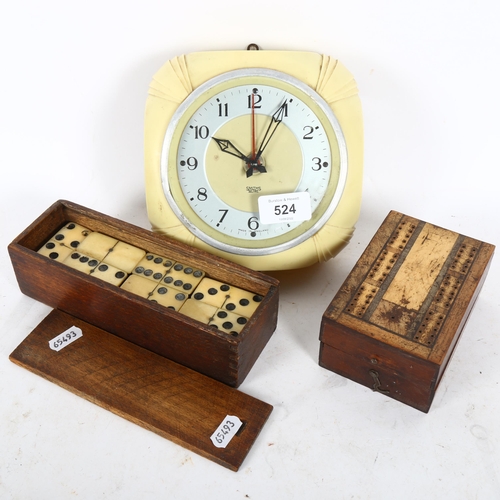 524 - A Vintage cribbage box, and a packet of Crown playing cards, a cased set of Vintage dominos, and a S... 