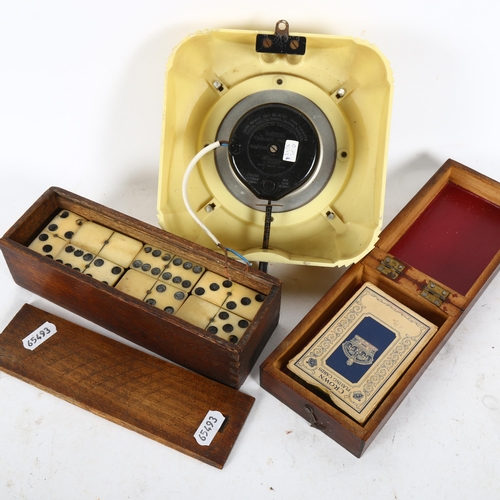 524 - A Vintage cribbage box, and a packet of Crown playing cards, a cased set of Vintage dominos, and a S... 