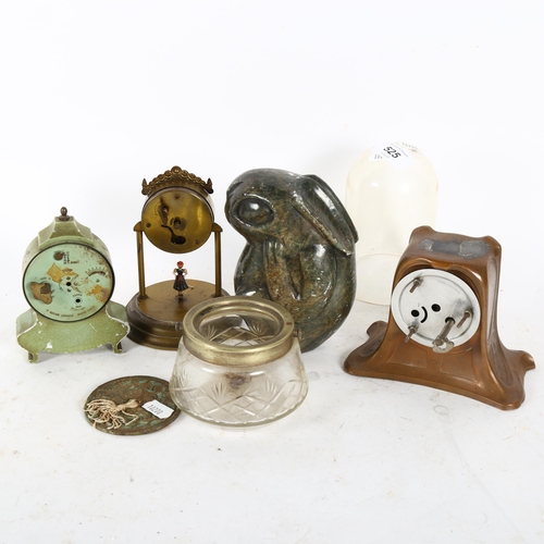 525 - A French Art Nouveau mantel clock of small size, 2 other small clocks, a soapstone ornament etc (5)