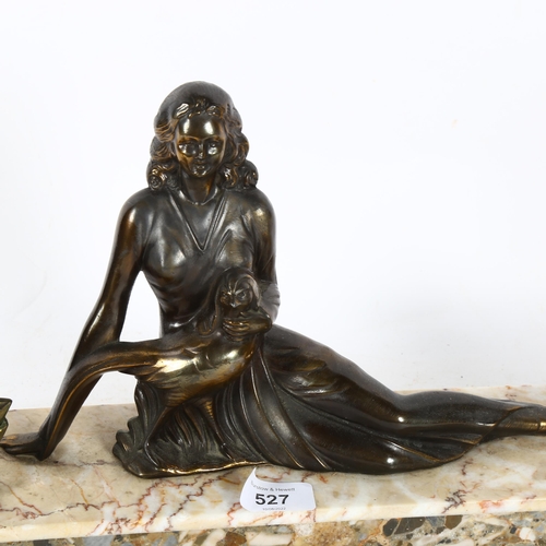 527 - After Peppin, an Art Deco sculpture, a study of a spelter lady with dog and birds on marble plinth, ... 