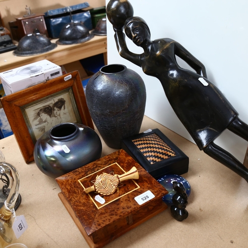 528 - A carved wood study of an African lady, signed Simeon to the base, a burr-walnut box, a Maltese glas... 