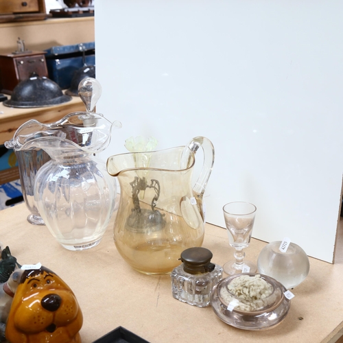 529 - A large Whitefriars amber glass water jug, an Antique tot, a glass Vesta, a vaseline glass epergne e... 