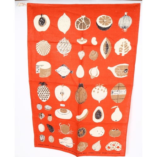 745 - A Vintage Irish linen tea towel, designed by Lucienne Day, red ground with designs of fruit and fish