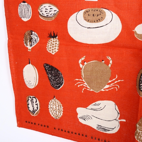 745 - A Vintage Irish linen tea towel, designed by Lucienne Day, red ground with designs of fruit and fish