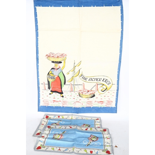 751 - 3 Vintage Irish linen tea towels, depicting fine silver eels, some herbs, and 2 napkins