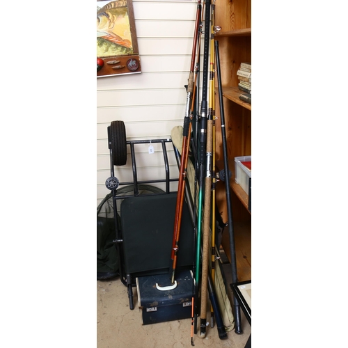 772 - Carbon fibre sea fishing rods, others, Hunter waders size 9, landing nets etc