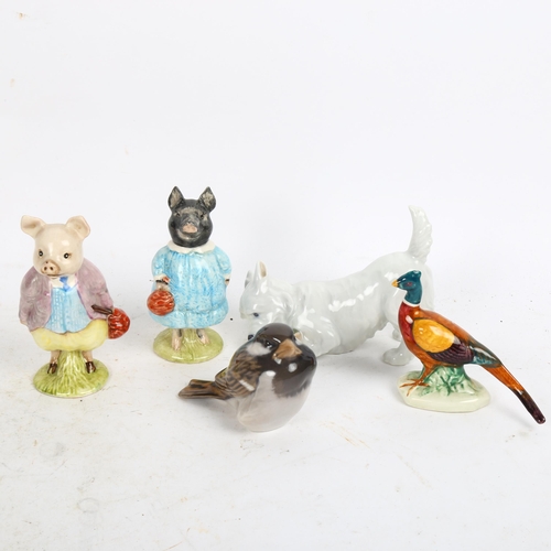 780 - Royal Copenhagen porcelain Terrier with slipper, and a Copenhagen sparrow, 2 Beatrix Potter figures,... 