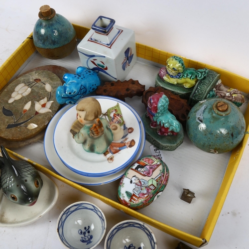 782 - A Hummel fish cruet, nursery dishes, old Chinese glaze  dog of fo, pair of miniature Chinese tea bow... 