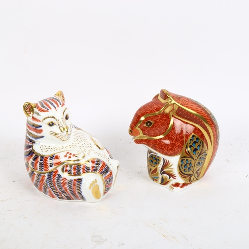 784 - A Crown Derby squirrel with a gold stopper, a Crown Derby cat with a silver stopper, squirrel height... 