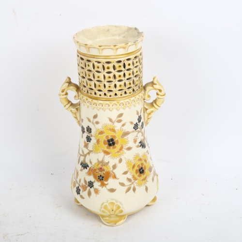 788 - ZOLNAY PECS - a cream ground reticulated 2-handled vase, with painted enamelled and gilded decoratio... 