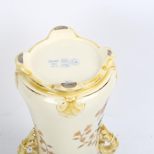 788 - ZOLNAY PECS - a cream ground reticulated 2-handled vase, with painted enamelled and gilded decoratio... 